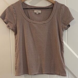 LOFT Brown and White Striped Scoop Neck Tee